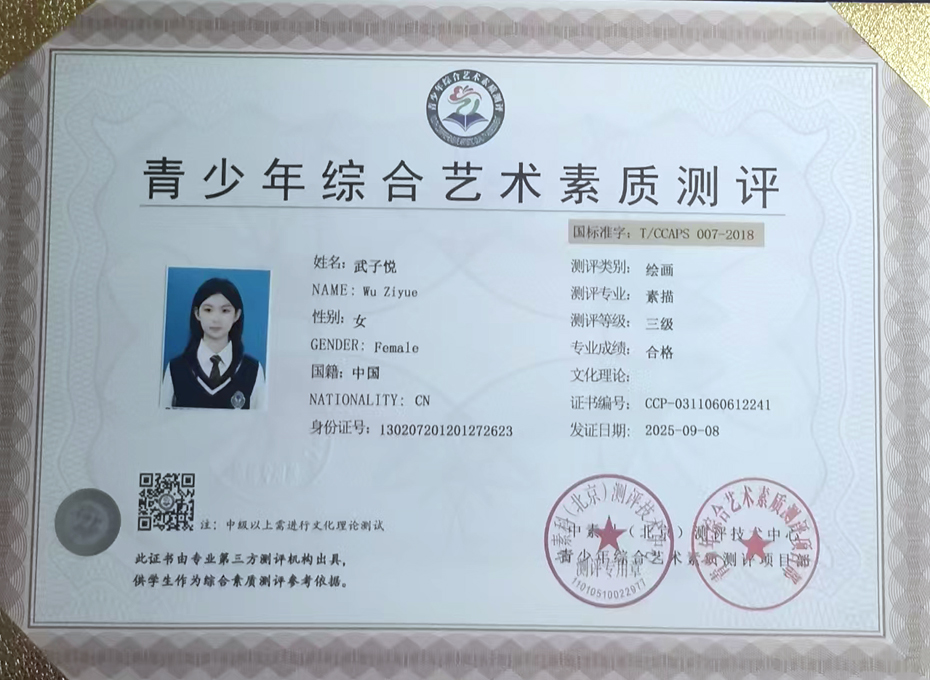 恭喜武子悦同学顺利通过全国青少年艺术素质测评考试，荣获带有国标准字号素描3级证书