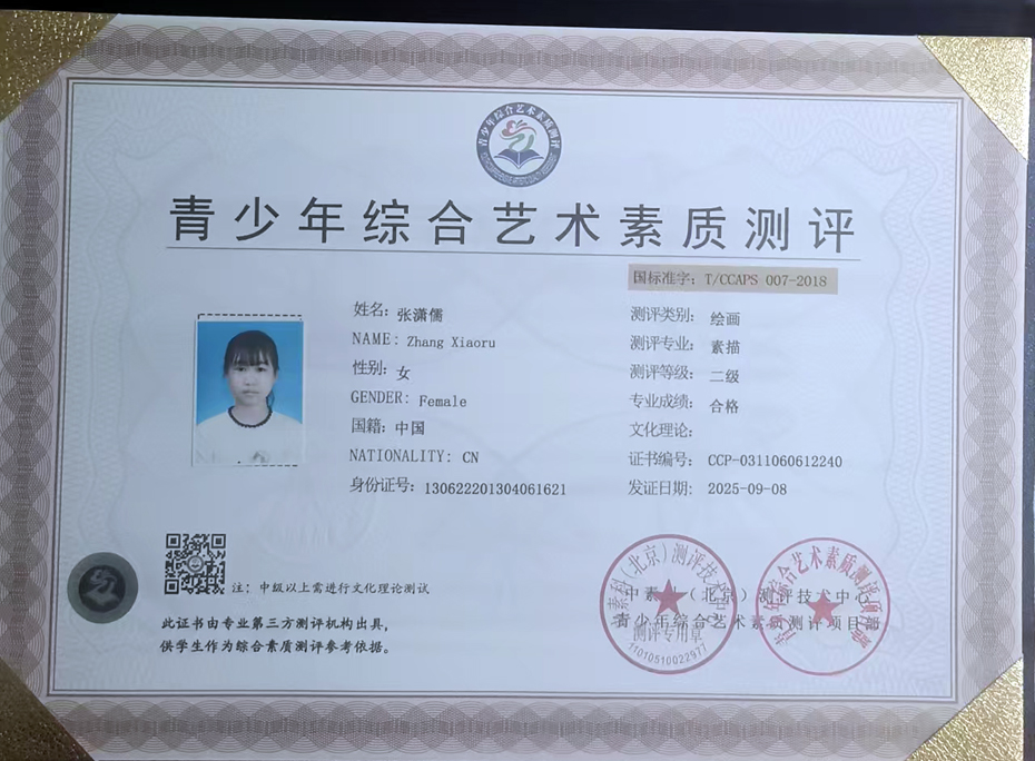 恭喜张潇儒同学顺利通过全国青少年艺术素质测评考试，荣获带有国标准字号素描2级证书